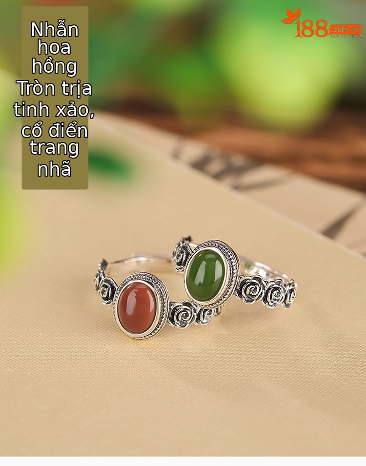 Nhẫn bạc S925 đính đá jasper đỏ cổ điển họa tiết hoa hồng mặt trứng — Mẫu đỏ nam chi tiết 1