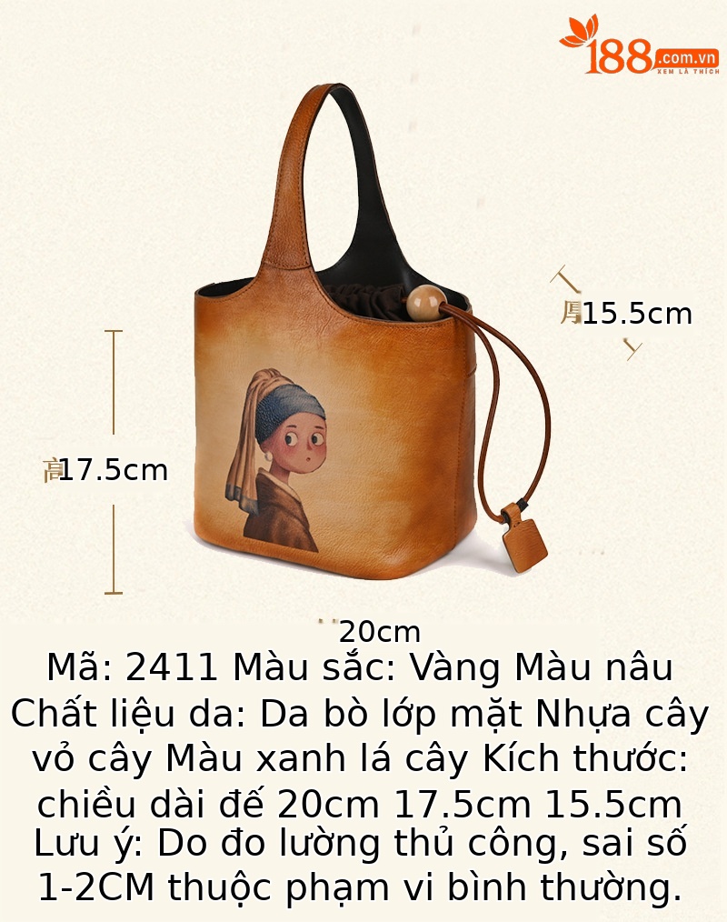 Túi xô nữ da bò nguyên tấm in họa tiết vẽ tay cổ điển phong cách Trung Hoa nghệ thuật — Vàng cổ điển, Nâu cổ điển, Xanh lá cổ điển chi tiết 2