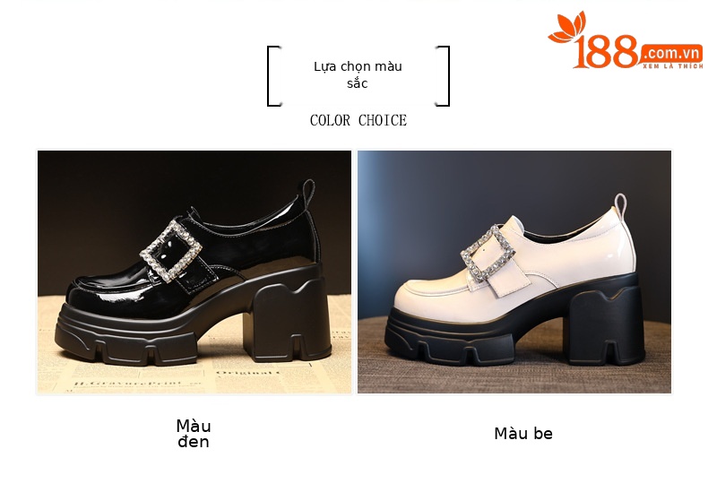 Giày lười nữ tăng chiều cao bên trong, đế bánh xốp dày, đính đá, mũi vuông — Màu be chi tiết 2