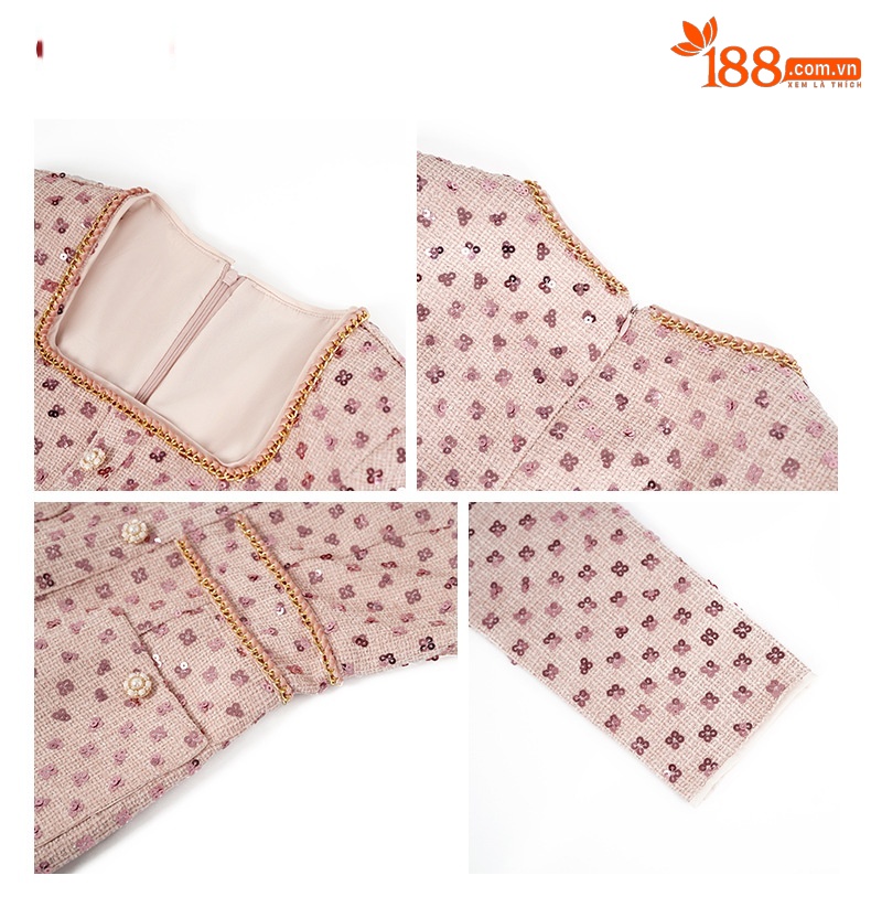 Đầm maxi nữ cổ vuông chất tweed đính sequin kiểu Chanel — Hồng vỏ sò chi tiết 3
