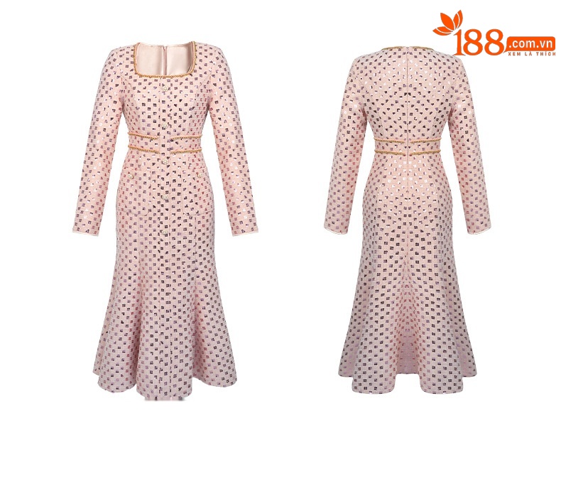 Đầm maxi nữ cổ vuông chất tweed đính sequin kiểu Chanel — Hồng vỏ sò chi tiết 4