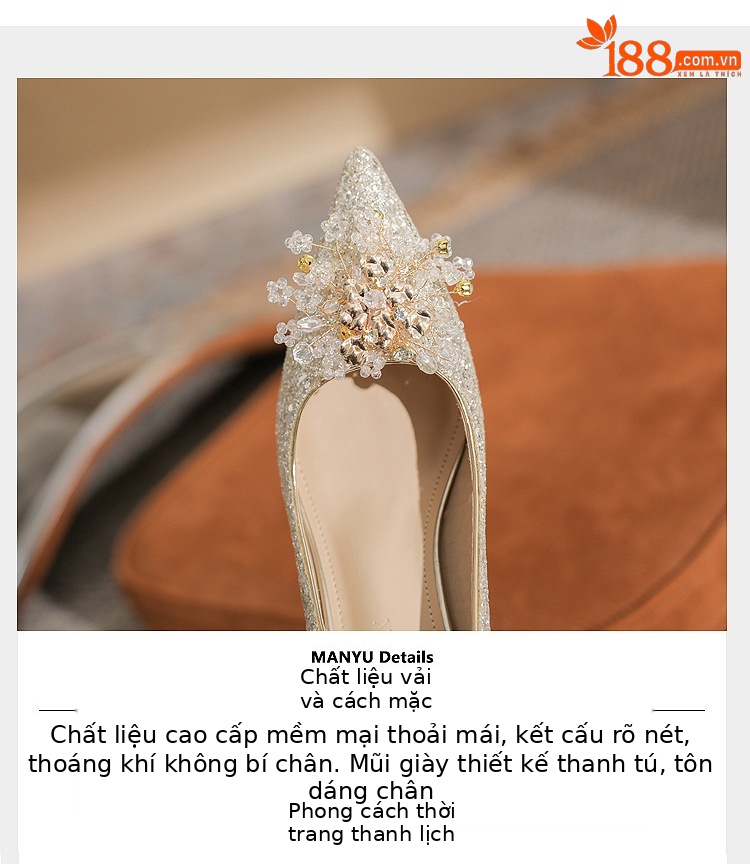Giày cưới đính sequin mũi nhọn gót vuông cao 6 cm — Màu Sâm panh chi tiết 4