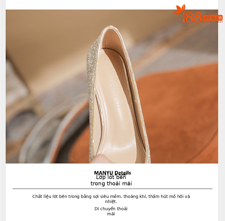 Giày cưới đính sequin mũi nhọn gót vuông cao 6 cm — Màu Sâm panh chi tiết 5