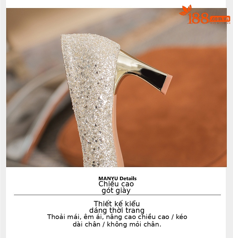 Giày cưới đính sequin mũi nhọn gót vuông cao 6 cm — Màu Sâm panh chi tiết 6