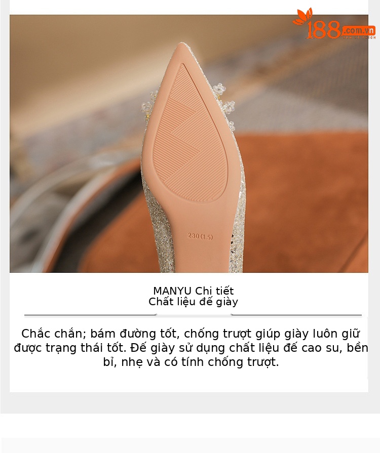 Giày cưới đính sequin mũi nhọn gót vuông cao 6 cm — Màu Sâm panh chi tiết 7