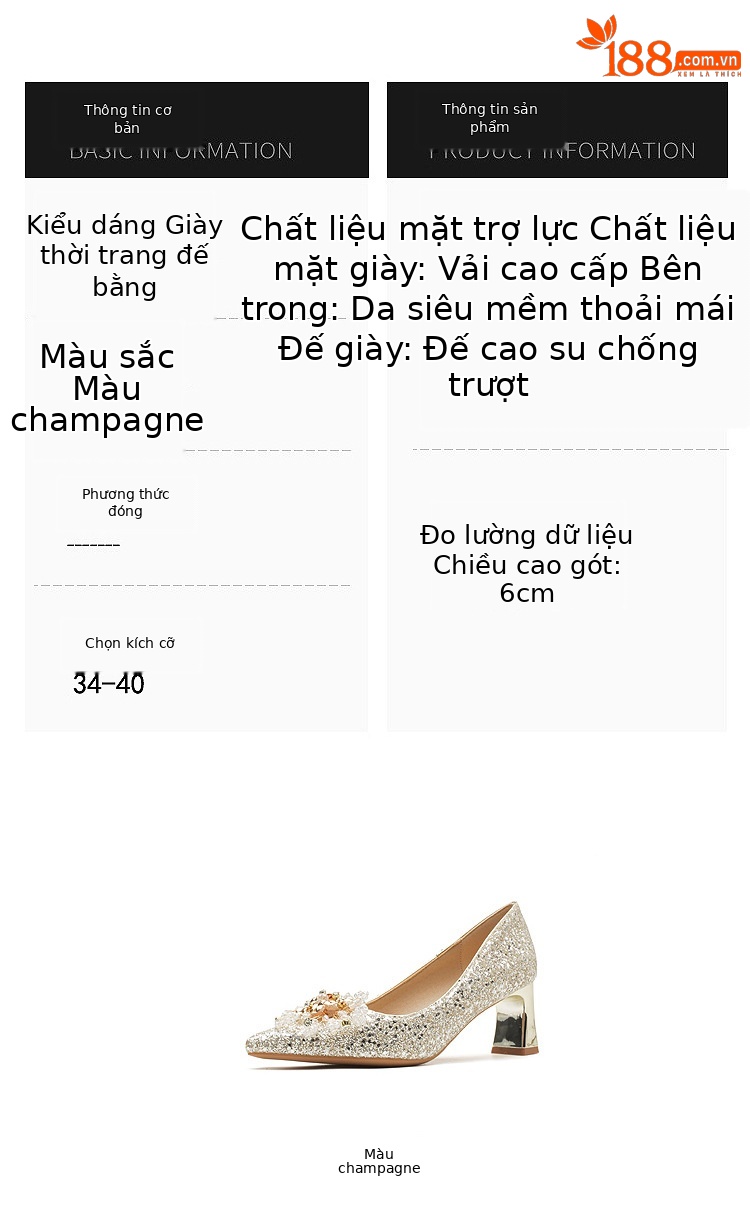 Giày cưới đính sequin mũi nhọn gót vuông cao 6 cm — Màu Sâm panh chi tiết 3