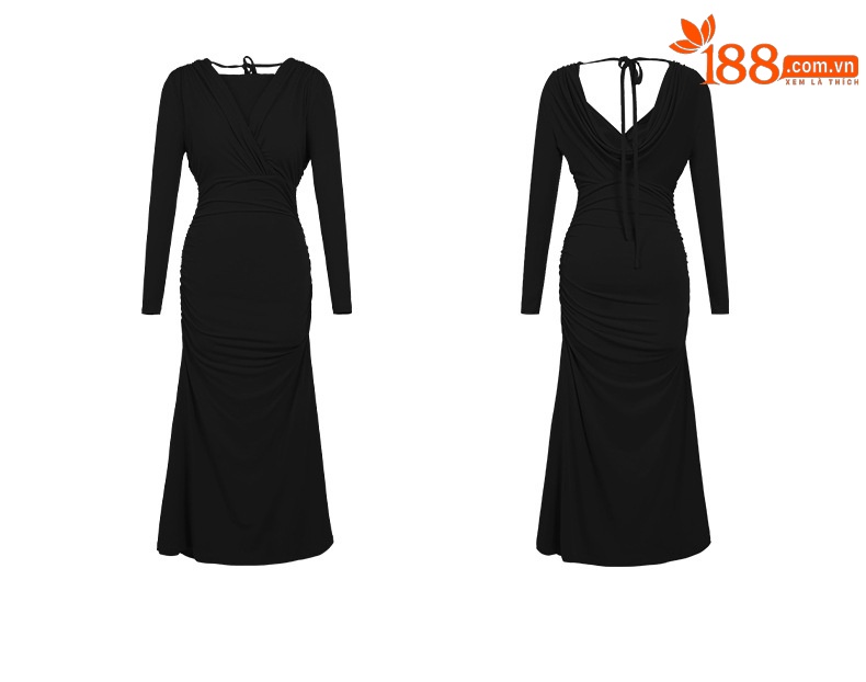 Đầm maxi nữ cổ chữ V thắt eo hở lưng phong cách Pháp — Màu đen chi tiết 5