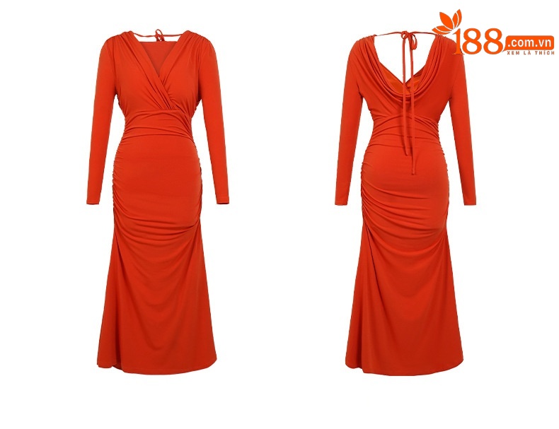 Đầm maxi nữ cổ chữ V thắt eo hở lưng phong cách Pháp — Màu đen chi tiết 6