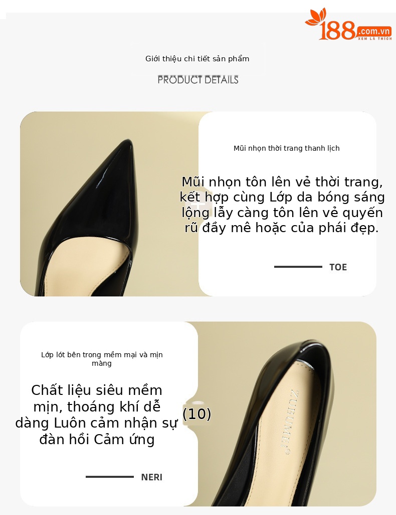 Giày cao gót mũi nhọn miệng nông đế xuồng, phong cách thời trang đi làm — Màu đen chi tiết 2