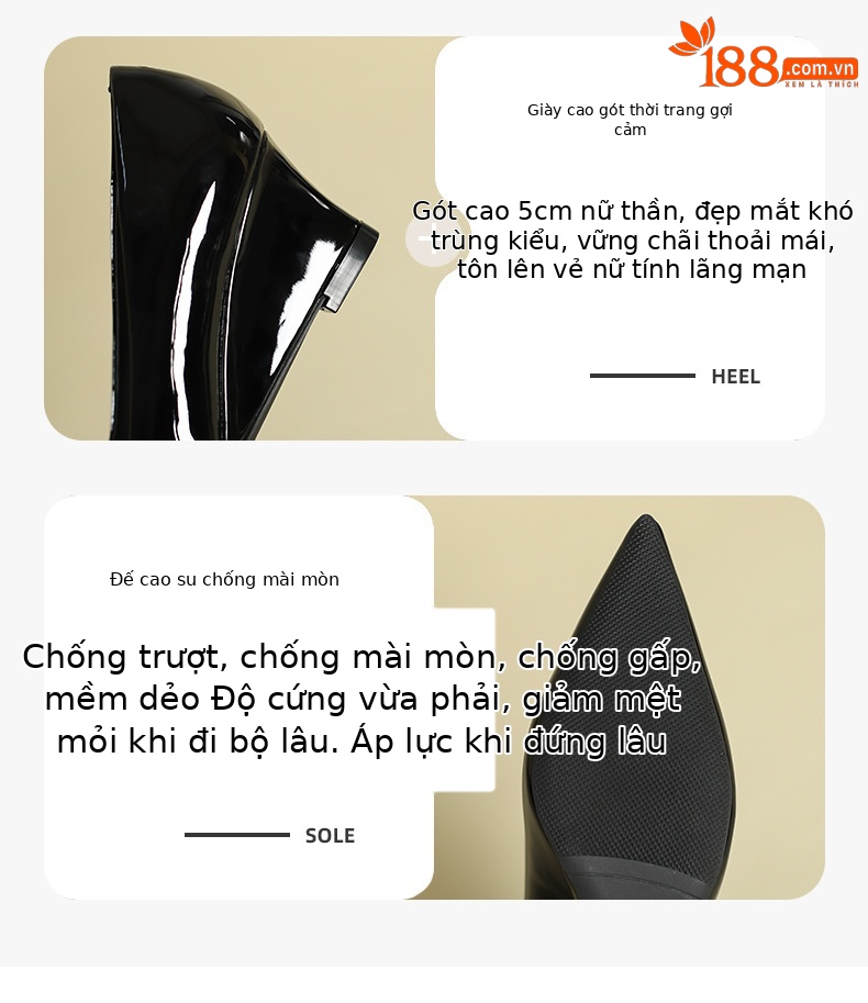 Giày cao gót mũi nhọn miệng nông đế xuồng, phong cách thời trang đi làm — Màu đen chi tiết 3