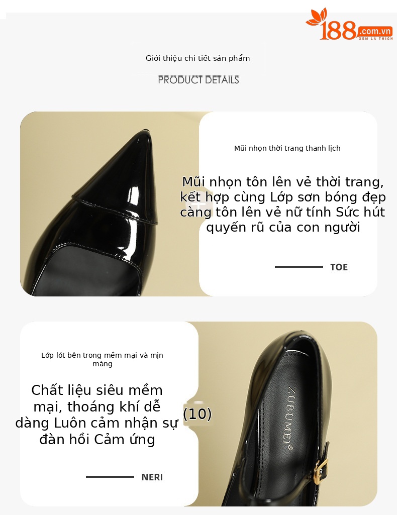 Giày cao gót mũi nhọn quai ngang nữ gót dốc phối màu miệng nông — Màu đen chi tiết 2