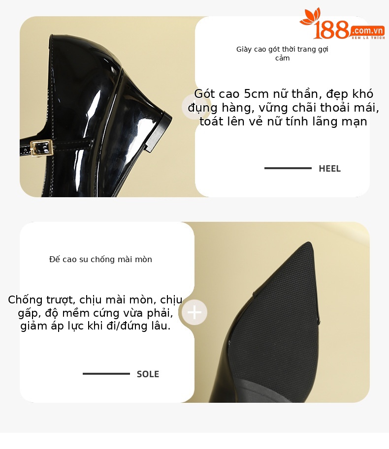 Giày cao gót mũi nhọn quai ngang nữ gót dốc phối màu miệng nông — Màu đen chi tiết 3