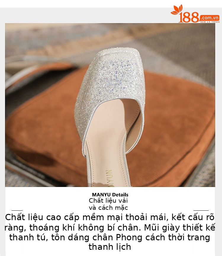 Giày cao gót nữ mũi vuông gót vuông, đế chống thấm nước, phối ngọc trai — Màu Sâm panh chi tiết 4