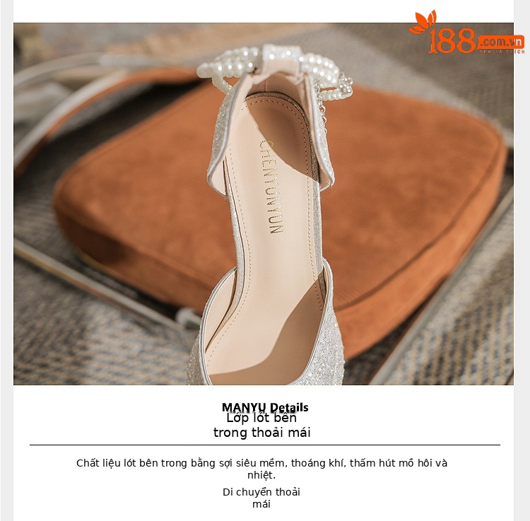 Giày cao gót nữ mũi vuông gót vuông, đế chống thấm nước, phối ngọc trai — Màu Sâm panh chi tiết 5