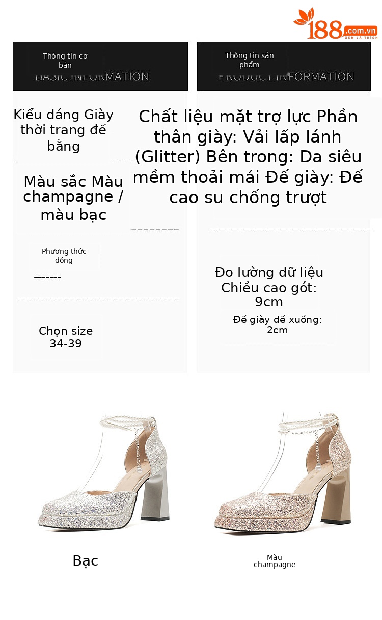 Giày cao gót nữ mũi vuông gót vuông, đế chống thấm nước, phối ngọc trai — Màu Sâm panh chi tiết 3
