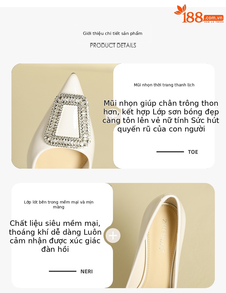 Giày cao gót nữ mũi nhọn đế xuồng đính đá, phong cách Âu Mỹ — Màu trắng be chi tiết 2