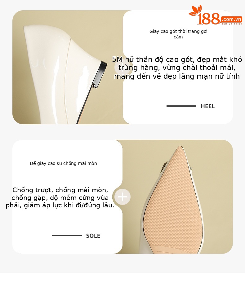 Giày cao gót nữ mũi nhọn đế xuồng đính đá, phong cách Âu Mỹ — Màu trắng be chi tiết 3