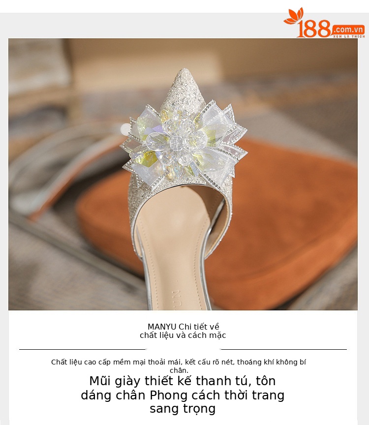 Giày sandal cao gót nữ quai ngang mũi nhọn bạc — Màu bạc chi tiết 4