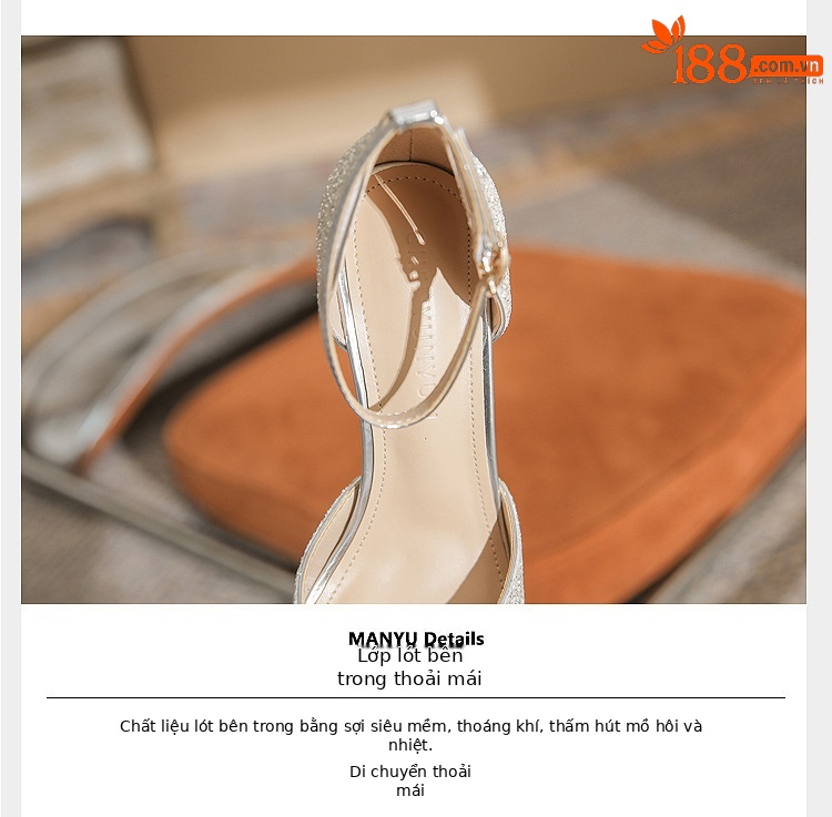 Giày sandal cao gót nữ quai ngang mũi nhọn bạc — Màu bạc chi tiết 5