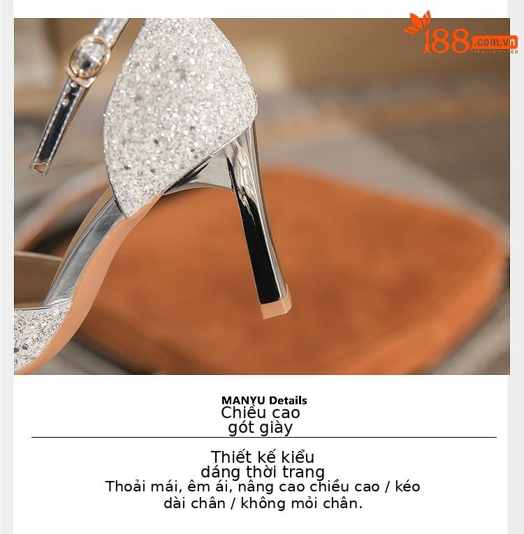 Giày sandal cao gót nữ quai ngang mũi nhọn bạc — Màu bạc chi tiết 6