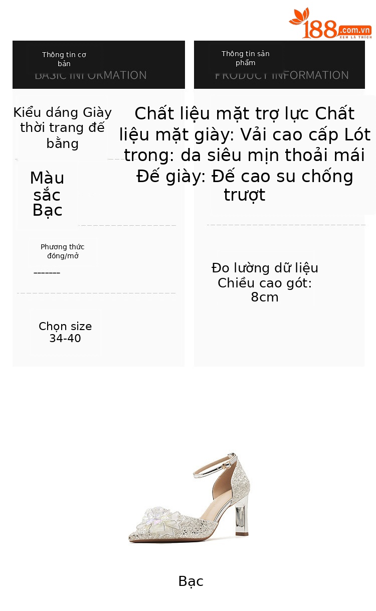 Giày sandal cao gót nữ quai ngang mũi nhọn bạc — Màu bạc chi tiết 3