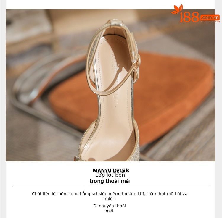 Giày sandal cao gót nữ quai ngang mũi nhọn gót nhọn mùa xuân thu 2024 — Màu Sâm panh chi tiết 4