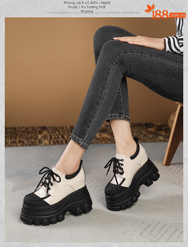 Giày platform nữ đế xuồng buộc dây, gót trong 12 cm, da thật mềm mại — Màu trắng be chi tiết 5