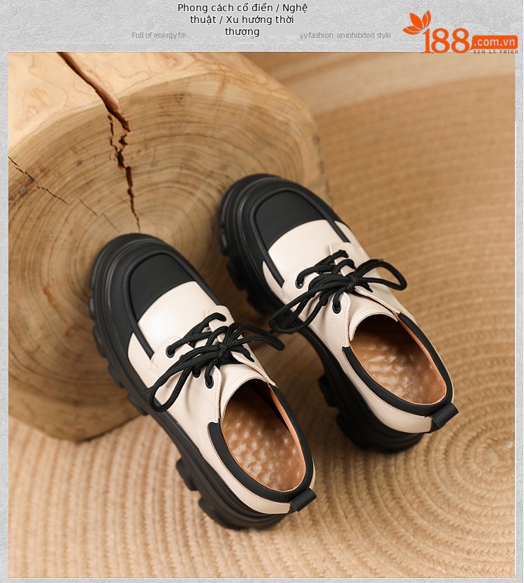 Giày platform nữ đế xuồng buộc dây, gót trong 12 cm, da thật mềm mại — Màu trắng be chi tiết 8