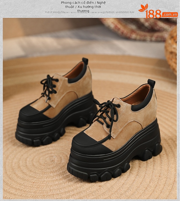 Giày platform nữ đế xuồng buộc dây, gót trong 12 cm, da thật mềm mại — Màu trắng be chi tiết 9