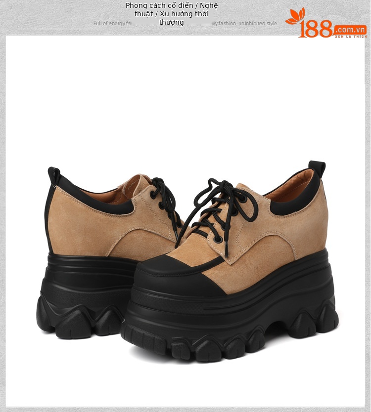 Giày platform nữ đế xuồng buộc dây, gót trong 12 cm, da thật mềm mại — Màu trắng be chi tiết 13