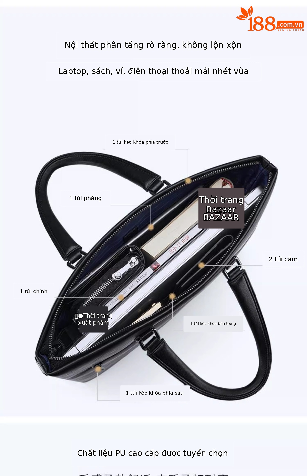Cặp tài liệu nam Emperor Paul 15 inch đựng laptop, chất liệu PU chống mài mòn — Màu đen chi tiết 4
