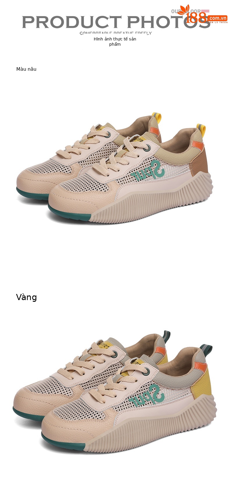 Giày sneaker nữ chạy bộ mesh thoáng khí đế mềm nhẹ — 11282-3 nâu (cổ thấp thoáng khí), 11282-2 nâu (một bên trong và bên dưới thấp), 11282-2 Màu vàng (một bên trong và bên dưới), 11282-3 Màu vàng (cổ thấp thoáng khí) chi tiết 38