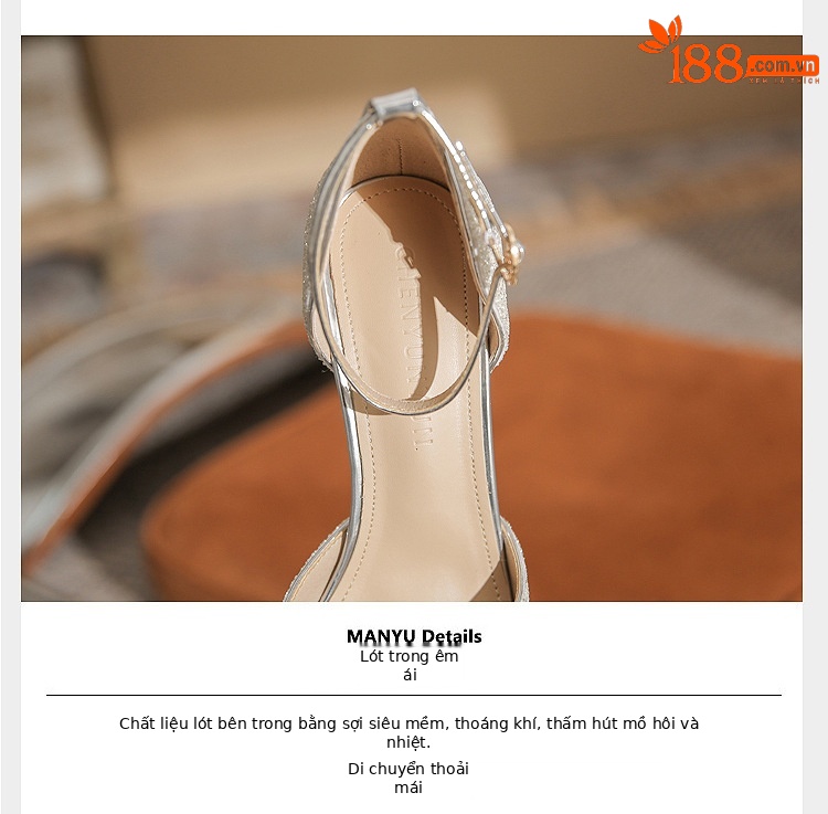 Giày sandal cao gót nữ quai ngang mũi nhọn gót nhọn CH8006-5 — Màu Sâm panh chi tiết 6