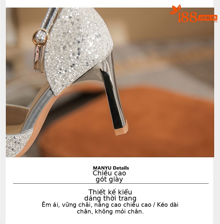 Giày sandal cao gót nữ quai ngang mũi nhọn gót nhọn CH8006-5 — Màu Sâm panh chi tiết 7