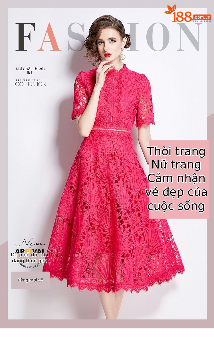 Váy liền ren cao cấp quý cô thiết kế hoa móc thêu tinh tế — màu đen, Hồ Xanh, đậu xanh, Màu đỏ hoa hồng chi tiết 1
