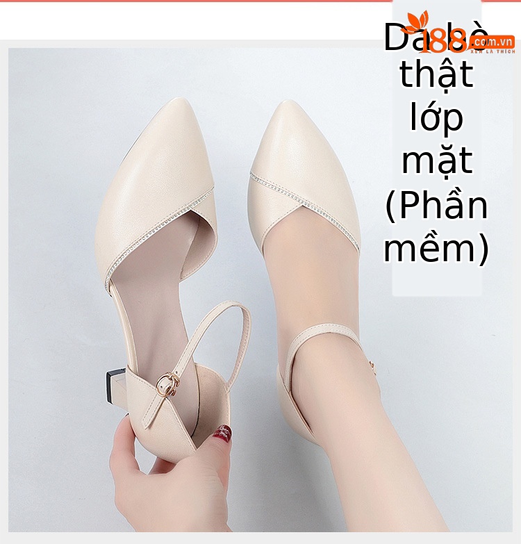 Sandal quai ngang da thật gót vuông mũi nhọn cho nữ, giày cao gót hở mũi kiểu dáng sang trọng — Màu be chi tiết 2