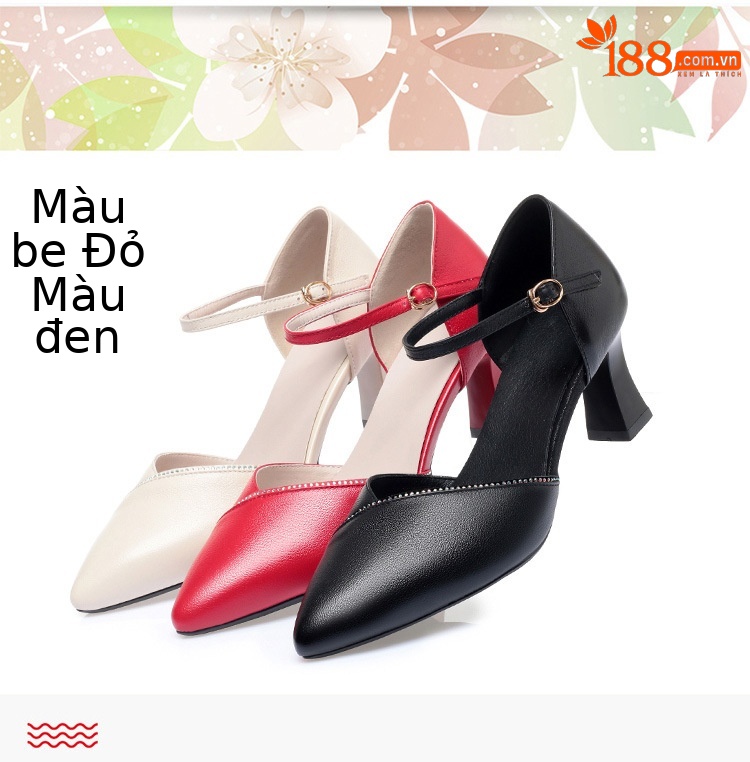 Sandal quai ngang da thật gót vuông mũi nhọn cho nữ, giày cao gót hở mũi kiểu dáng sang trọng — Màu be chi tiết 5