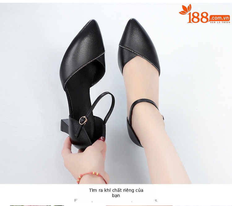 Sandal quai ngang da thật gót vuông mũi nhọn cho nữ, giày cao gót hở mũi kiểu dáng sang trọng — Màu be chi tiết 19
