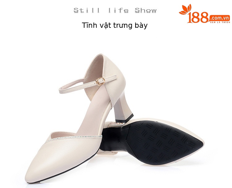 Sandal quai ngang da thật gót vuông mũi nhọn cho nữ, giày cao gót hở mũi kiểu dáng sang trọng — Màu be chi tiết 23