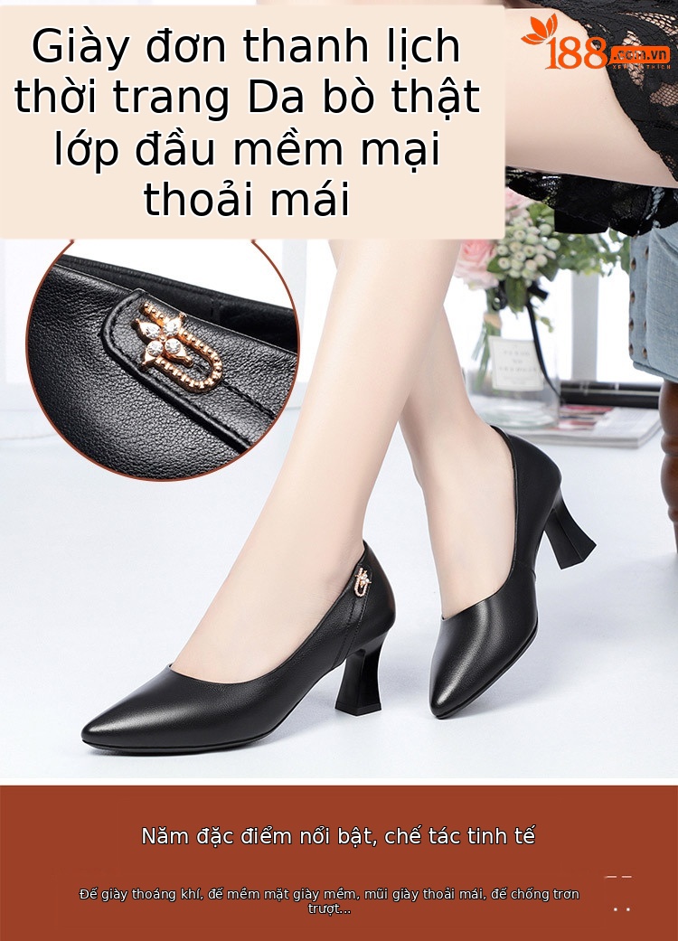 Giày cao gót nữ mũi nhọn da thật đế mềm chống trượt — Màu be chi tiết 5