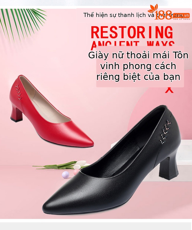 Giày cao gót nữ mũi nhọn da thật gót thô chống trượt — Màu be chi tiết 6
