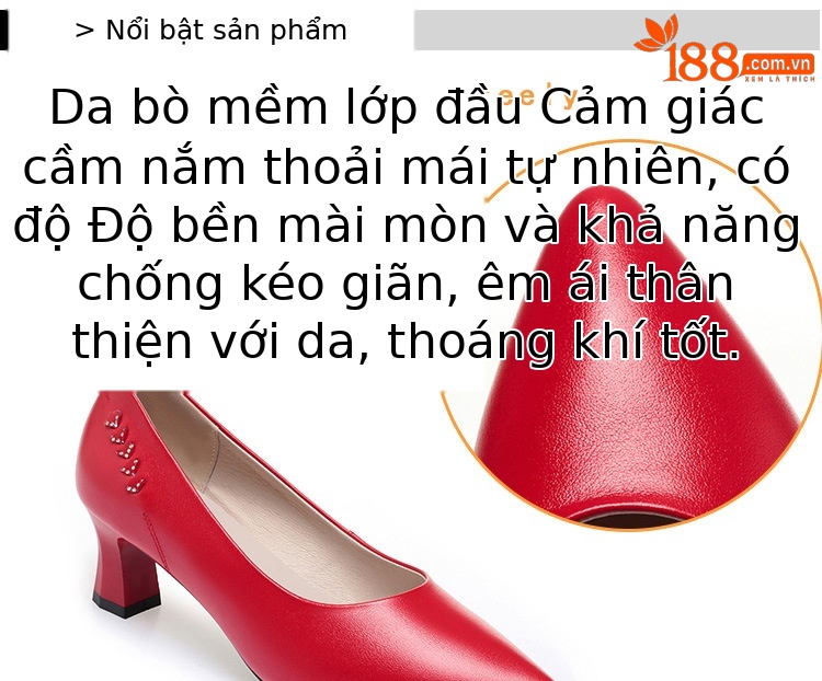 Giày cao gót nữ mũi nhọn da thật gót thô chống trượt — Màu be chi tiết 9