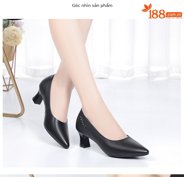 Giày cao gót nữ mũi nhọn da thật gót thô chống trượt — Màu be chi tiết 13