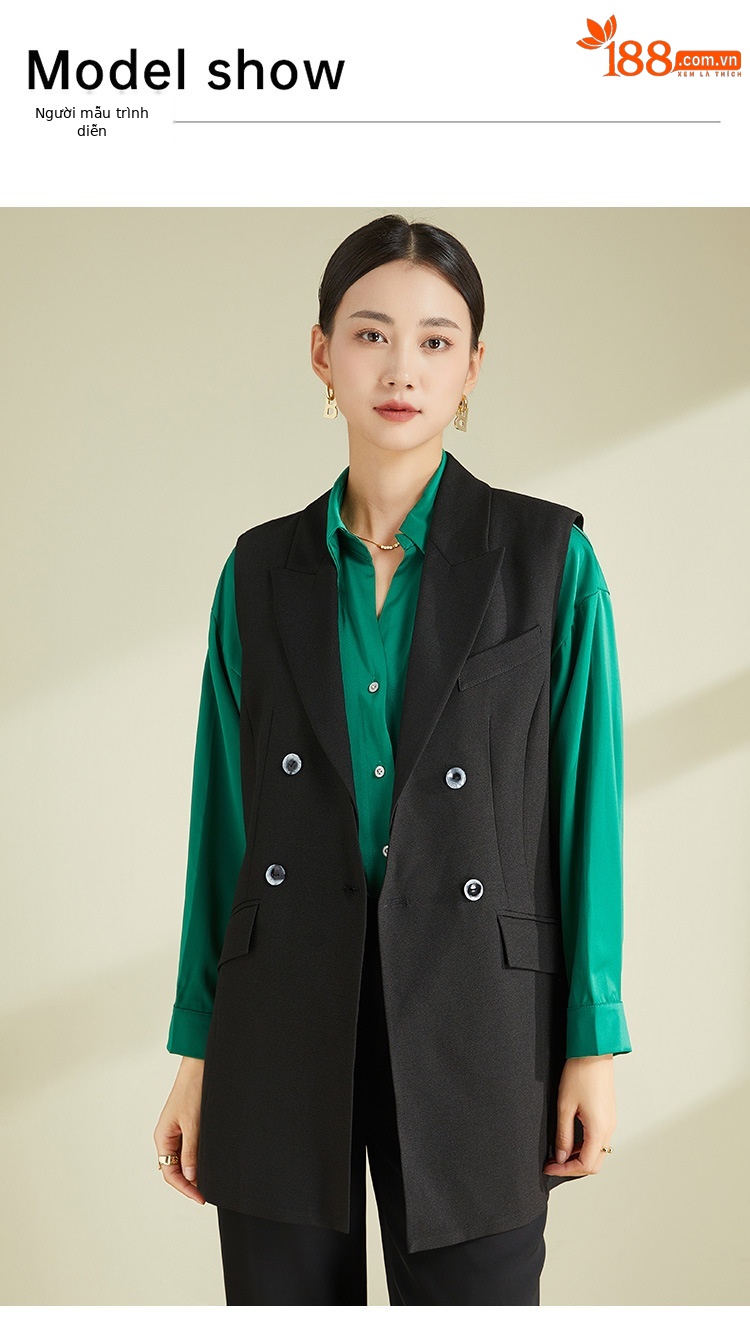 Áo vest gile nữ kiểu Pháp dáng rộng không tay — Màu đen (không bao gồm cổ áo) chi tiết 2