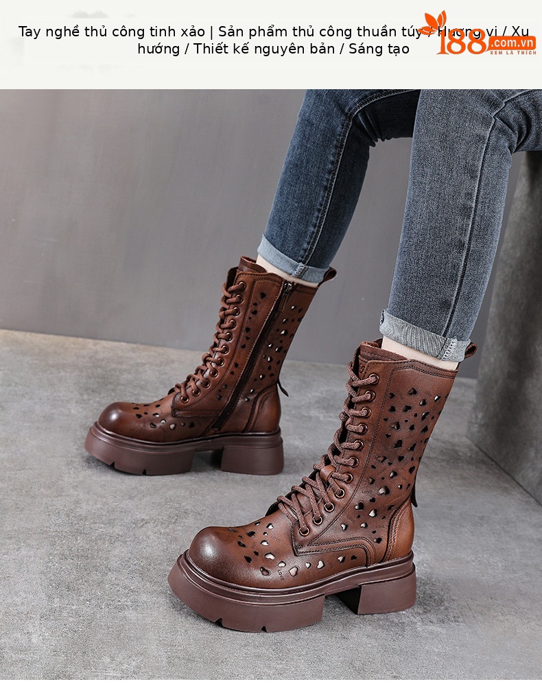 Boot Martin nữ cổ thấp da bò khóa kéo bên hông đế rỗng phong cách cổ điển — Màu nâu chi tiết 1