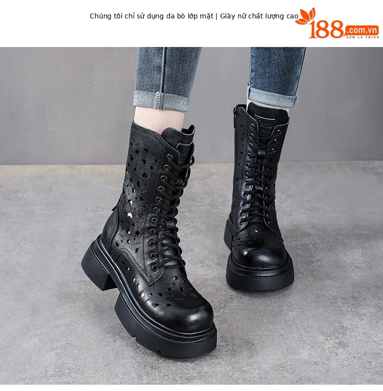 Boot Martin nữ cổ thấp da bò khóa kéo bên hông đế rỗng phong cách cổ điển — Màu nâu chi tiết 2