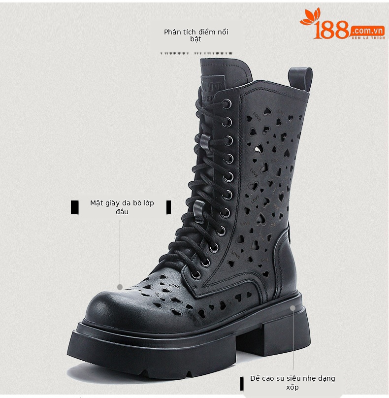 Boot Martin nữ cổ thấp da bò khóa kéo bên hông đế rỗng phong cách cổ điển — Màu nâu chi tiết 3