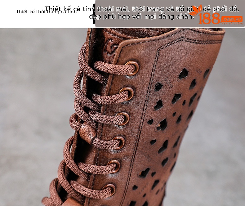 Boot Martin nữ cổ thấp da bò khóa kéo bên hông đế rỗng phong cách cổ điển — Màu nâu chi tiết 5