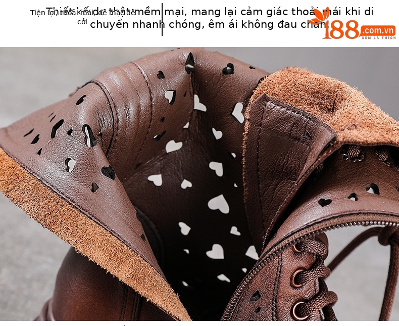 Boot Martin nữ cổ thấp da bò khóa kéo bên hông đế rỗng phong cách cổ điển — Màu nâu chi tiết 6