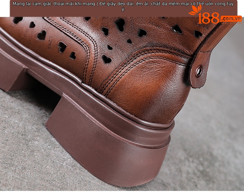 Boot Martin nữ cổ thấp da bò khóa kéo bên hông đế rỗng phong cách cổ điển — Màu nâu chi tiết 8